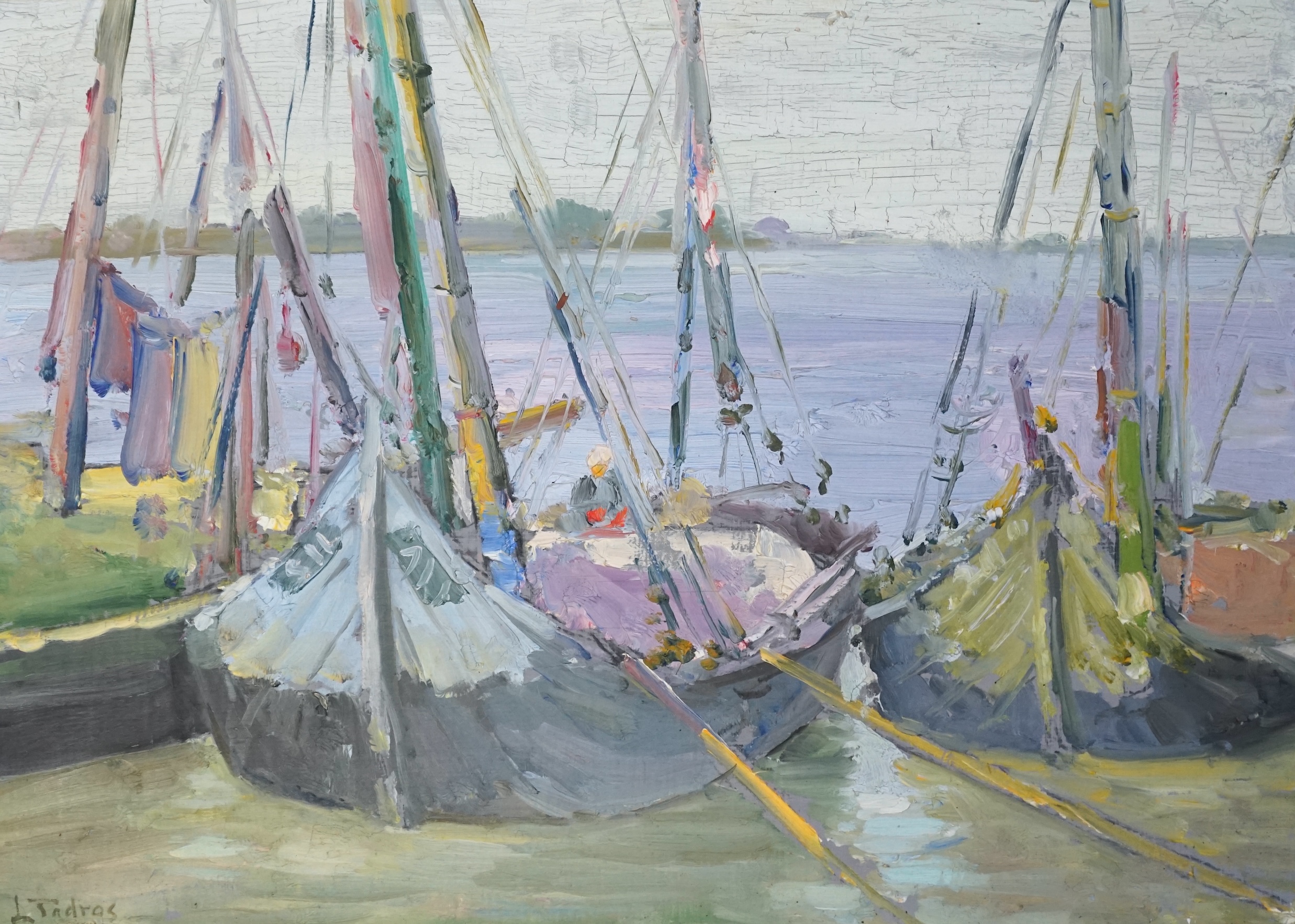 Labib Tadros (Egyptian, 1894-1943), Fishing boats in harbour, oil on board, 28 x 39cm